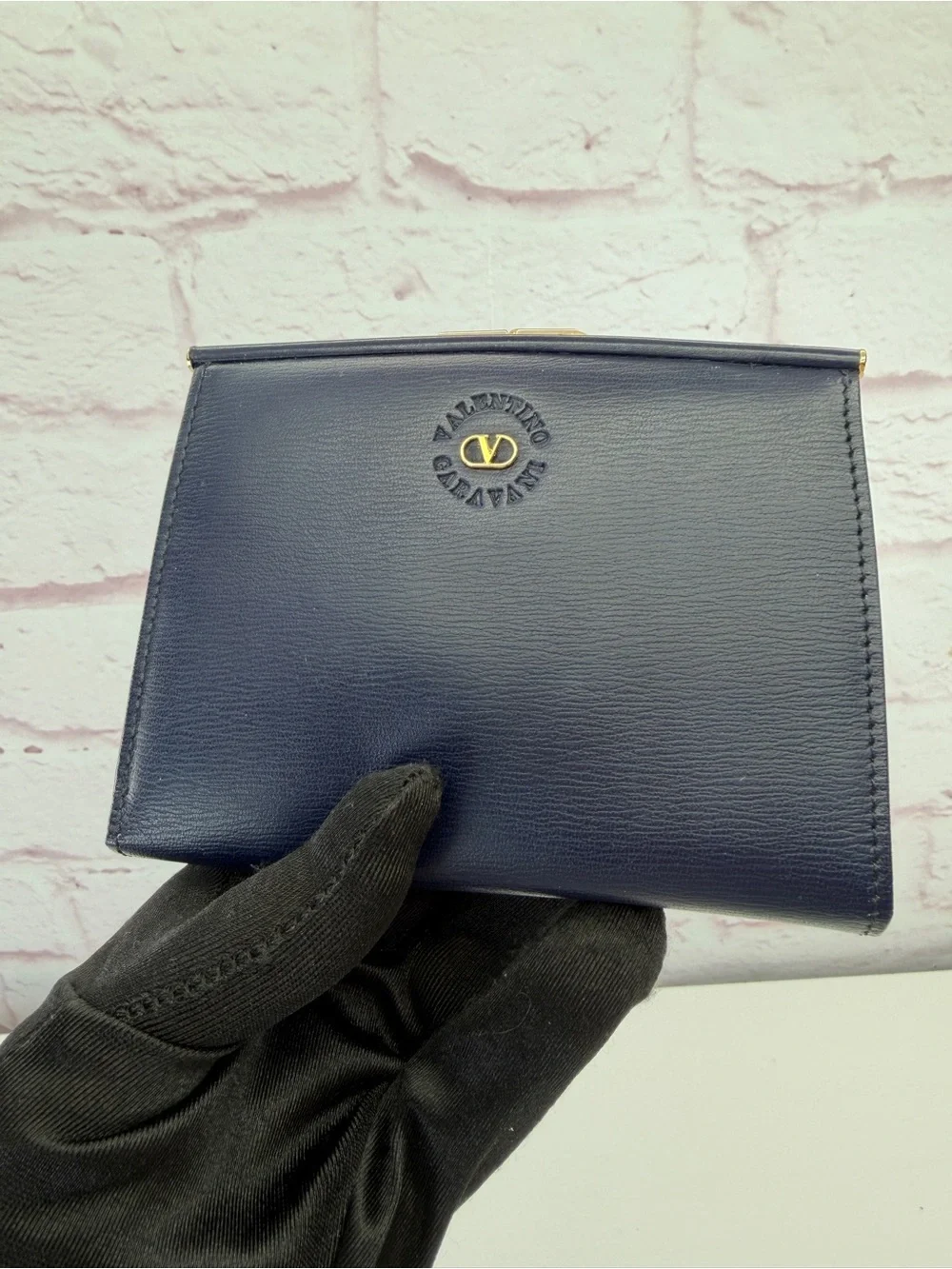Valentino Garavani Vintage Navy Blue Compact Kisslock Wallet
